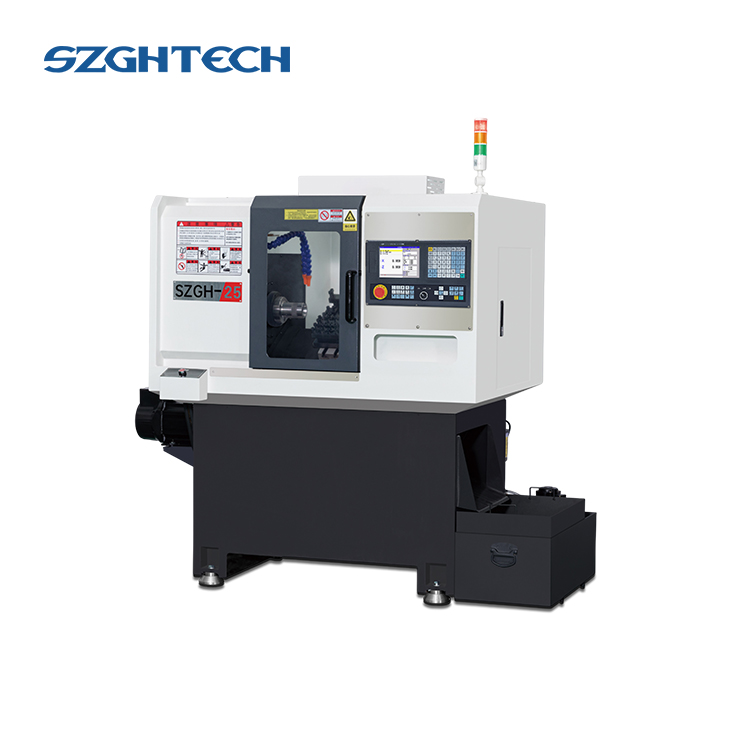 SZGH-25 mini CNC turning machine adopts an advanced numerical control system, which can realize precise processing control. It has a highly rigid structure, which ensures stability and deformation resistance during processing, thus achieving high-precision machining. The lathe is also equipped with automatic tool changeover and automatic loading functions, which improve production efficiency.